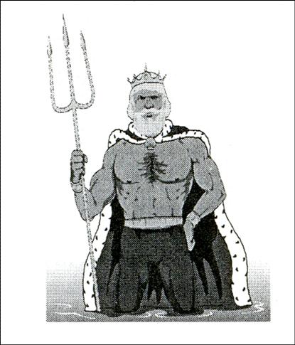Illustration eines muskulösen Mannes mit Krone und Dreizack, sitzend. Er trägt einen Umhang mit pelzbesetztem Rand und eine dunkle Hose. Sein Gesichtsausdruck wirkt streng und autoritär.