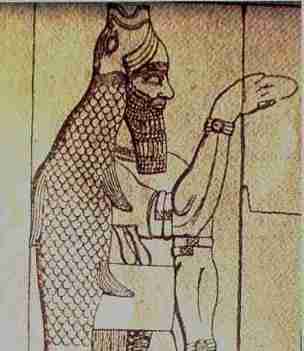 Antike Darstellung eines b&auml;rtigen Menschen in traditioneller mesopotamischer Kleidung, der eine Hand erhoben h&auml;lt, m&ouml;glicherweise zur Interpretation von Himmelsereignissen im Zusammenhang mit der Mazzaroth.