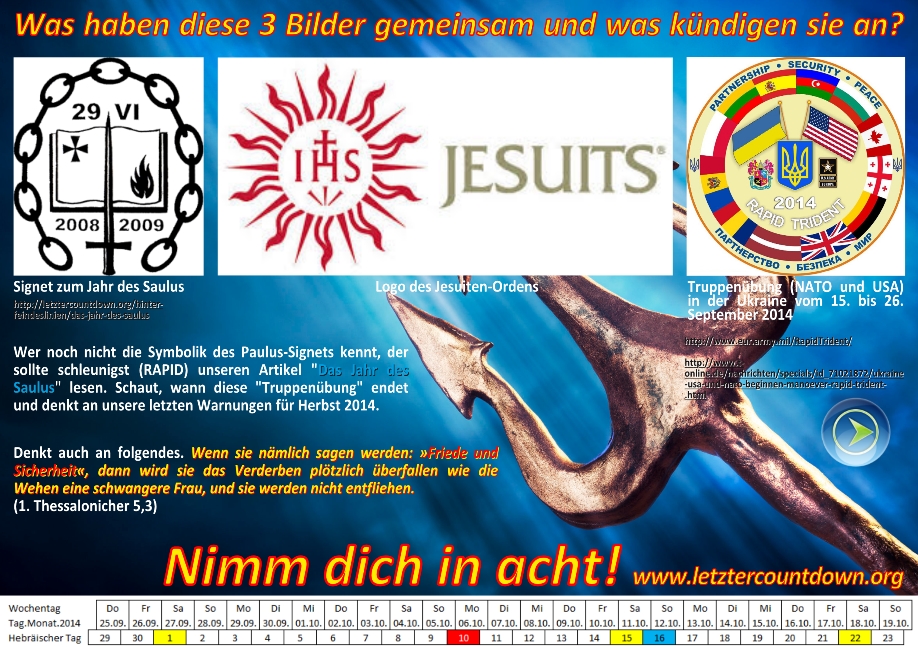 Diese Infografik pr&auml;sentiert drei verschiedene Bilder: Ein Signet mit Flammen und Datum 2008/2009, das Jesuitenorden-Logo, und ein buntes Emblem mit mehreren Fahnen und dem Text "Partnership Security Peace" umrahmt von 2014, welches eine milit&auml;rische &Uuml;bung anzeigt. Dazu sind Webadressen und Text, der auf Artikel und weitere Informationen hinweist, in Deutsch enthalten. Ebenfalls enthalten ist ein Kalender des Monats Oktober 2014 mit markierten Daten.