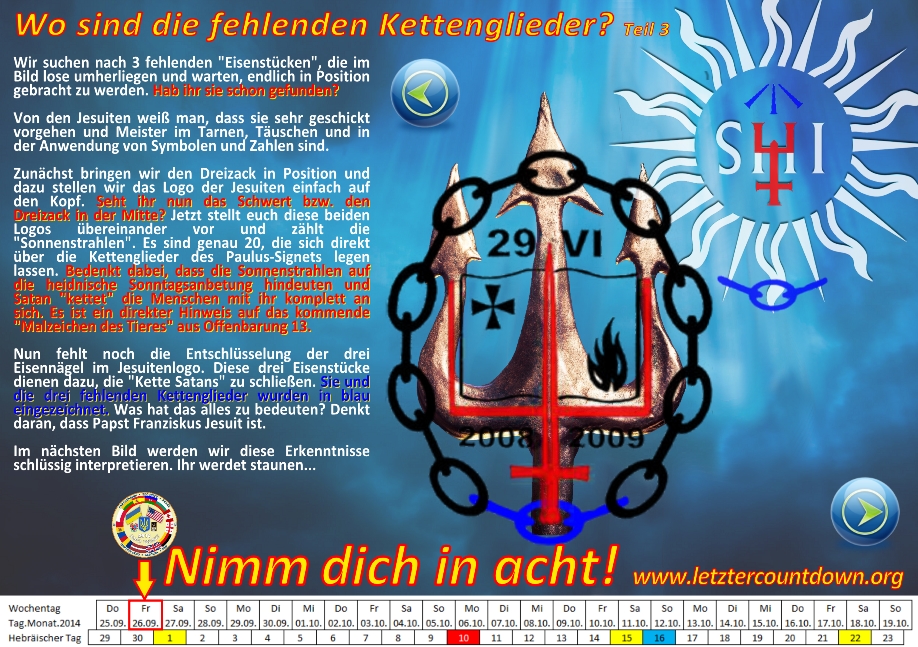 Ein buntes, komplexes Bild mit einer Mischung aus Text, symbolischen Grafiken und einem Kalender. Zentral ist ein gro&szlig;es Emblem mit einem Doppelkreuz und einer dreispitzigen Flamme, umgeben von Datumsangaben und Symbolen. Im Hintergrund sind stilisierte Darstellungen vom Sonne und weitere astrologische Symbole ohne expliziten Bezug auf die Mazzaroth. Links im Bild enth&auml;lt Text in deutscher Sprache mit einer Diskussion &uuml;ber Symbole, Zahlen und eine Anspielung auf biblische Prophezeiung sowie eine URL unten.