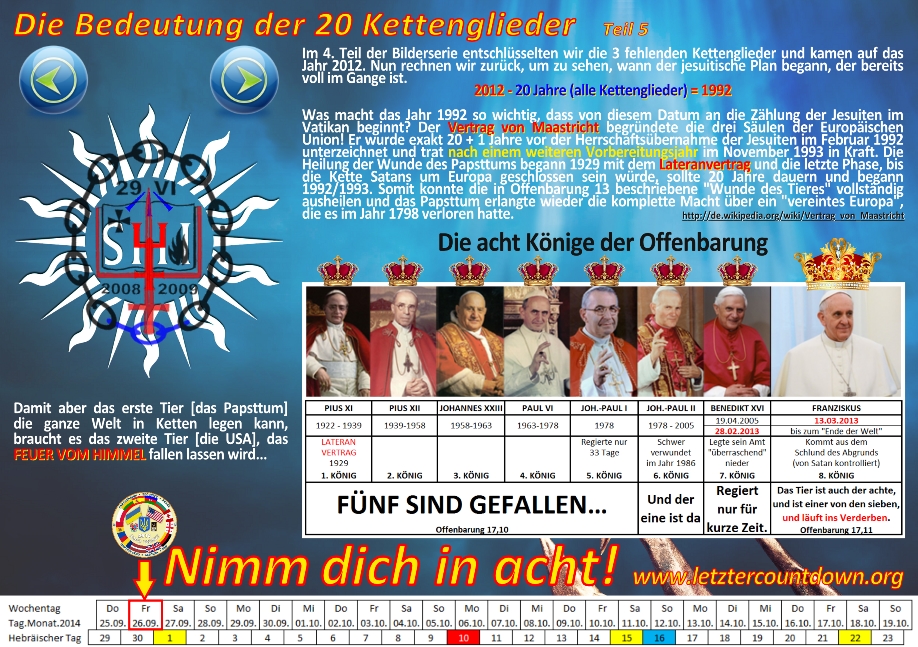 Grafik mit umfangreichem Text und verschiedenen Bildern, einschlie&szlig;lich eines Sternsymbols und Portraits fr&uuml;herer P&auml;pste. Das Sternsymbol in der Mitte hat blau und wei&szlig;e Farbt&ouml;ne und Durchschnittsbilder von Zeitperioden von 2008 bis 2012. Am oberen Rand des Sterns befindet sich der Titel "Die Bedeutung der 20 Kettenglieder Teil 5". Unten rechts ist ein Kalender f&uuml;r den Oktober 2014 angezeigt.