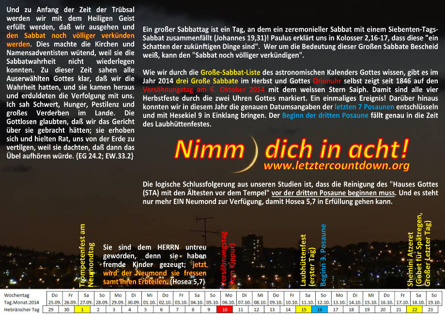 A detailed chart linking biblical prophecy with specific dates and astronomical events, avoiding traditional astrological terminology. The chart integrates interpretations of biblical verses with a timeline from September to October, highlighting important dates and their biblical significance. Text in German discusses theological insights and interpretations related to these dates.