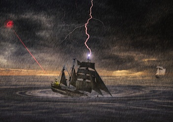 Dramatische Darstellung eines Segelschiffs auf st&uuml;rmischem Meer bei Nacht, beleuchtet von Blitzen und einem ungew&ouml;hnlichen roten Stern am Himmel, w&auml;hrend es kreisf&ouml;rmige Wellen durchquert.