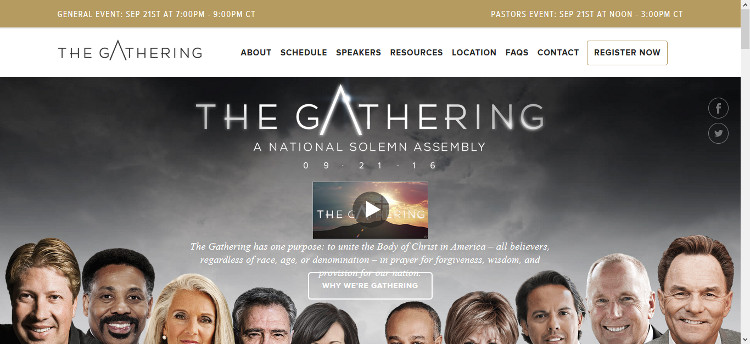 Webseite-Banner f&uuml;r die Veranstaltung "The Gathering", eine nationale feierliche Versammlung, die am 21. September 2016 stattfand. Das Banner zeigt Portr&auml;ts mehrerer l&auml;chelnder Erwachsener unterschiedlicher Abstammung oberhalb der Veranstaltungsdetails und eines Videoplay-Symbols in der Mitte.
