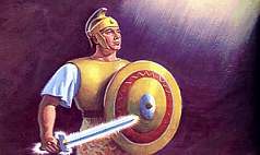 Bild eines Helden in traditioneller Kriegermontur mit Helm, Schild und Schwert, der entschlossen in die Ferne blickt, vor einem dunklen, diffus beleuchteten Hintergrund.