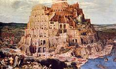 Historisches Gem&auml;lde der Turmbau zu Babel, zeigt eine riesige, mehrst&ouml;ckige Struktur mit zahlreichen B&ouml;gen und Fenstern, umgeben von Menschen und Segelbooten auf einem Fluss.