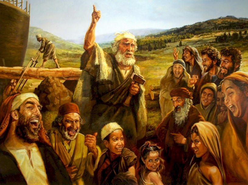 Ein &auml;lterer Mann mit wei&szlig;em Bart, gekleidet in traditionelle biblische Gew&auml;nder, hebt enthusiastisch seinen Zeigefinger, w&auml;hrend er umgeben von einer Gruppe fr&ouml;hlicher Menschen steht, die verschiedene Emotionen zeigen. Im Hintergrund ist eine gro&szlig;e Holzkonstruktion sichtbar, die an ein historisches Schiff erinnert. Das Bild wird durch eine sanft h&uuml;gelige Landschaft unter einem klaren Himmel erg&auml;nzt.