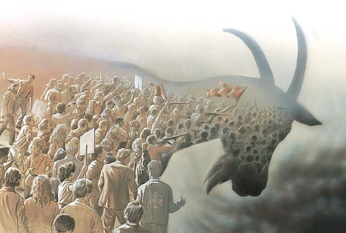 Ein k&uuml;nstlerisches Bild zeigt eine Menschenmenge, die zu einer riesigen Darstellung eines symbolischen Tieres mit Merkmalen eines Stiers und Fischen aufblickt, das durch den Nebel schwebt. Die Szene k&ouml;nnte eine Darstellung aus dem Buch Hiob sein, bezogen auf die Mazzaroth im Nebel.