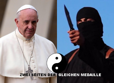 Bildcollage zeigt auf der linken Seite Papst Franziskus in wei&szlig;er Papstkleidung und auf der rechten Seite eine maskierte Person in schwarz mit einem Messer, dar&uuml;ber der Text "Zwei Seiten der gleichen Medaille" mit einem Yin-Yang-Symbol in der Mitte.