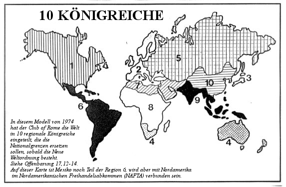 Schematische Darstellung einer Weltkarte von 1974 mit Einteilung in zehn numerierte Regionen, die laut Beschreibung globale K&ouml;nigreiche darstellen. Die Regionen sind unterschiedlich schattiert, um sie voneinander abzugrenzen. Die Karte enth&auml;lt zus&auml;tzliche Textinformationen &uuml;ber die geschichtliche Einordnung und Verkn&uuml;pfungen zwischen den Regionen.