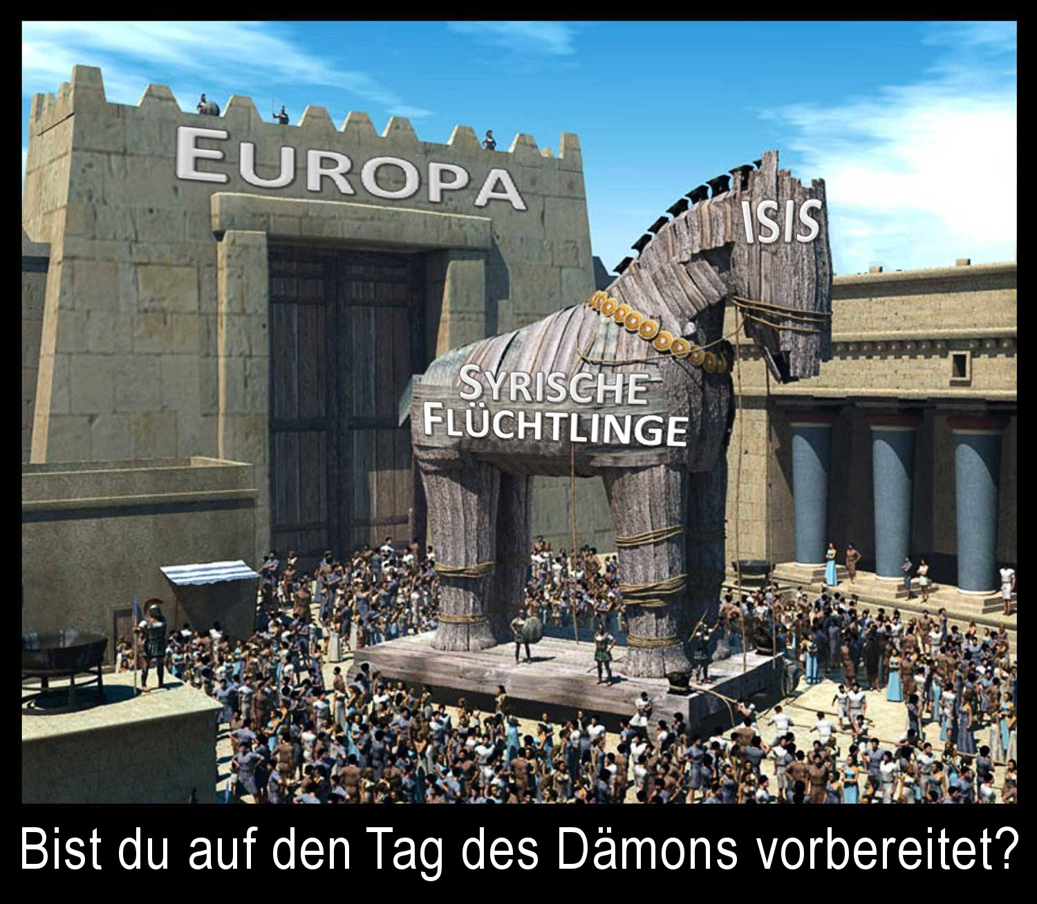 Digitalillustration einer belebten Szene mit einem gro&szlig;en h&ouml;lzernen Pferd vor einem befestigten Tor mit der Aufschrift "Europa." Viele kleine Figuren, die Menschen darstellen, sammeln sich in einer gepflasterten Umgebung. &Uuml;ber dem Pferd stehen die Worte "ISIS" und "Syrische Fl&uuml;chtlinge".
