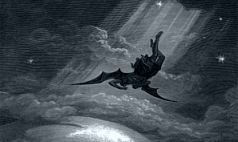 Historische Illustration eines gefl&uuml;gelten Wesens, das &uuml;ber eine beleuchtete Kugel fliegt, umgeben von Wolken und Sternen im Nachthimmel.