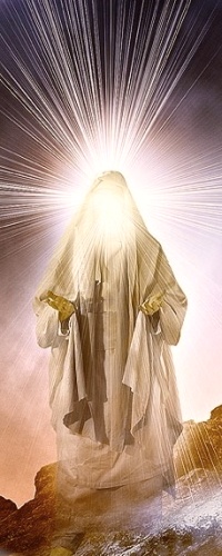 Eine Darstellung einer spirituellen Gestalt in wei&szlig;em Gewand, umgeben von hellem, strahlendem Licht, steht auf felsigem Boden. Das Licht scheint direkt &uuml;ber dem Kopf der Gestalt und verbreitet Strahlen nach allen Seiten.