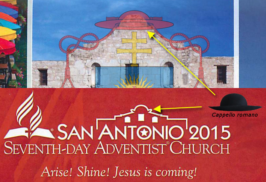 Eine Collage verschiedener Bilder, darunter historische Geb&auml;ude mit klarem blauem Himmel im Hintergrund und das Logo der Siebenten-Tags-Adventisten Kirche f&uuml;r San Antonio 2015 mit dem Schriftzug "Arise! Shine! Jesus is coming!" Elemente des Himmels und traditionelle Kopfbedeckungen sind ebenfalls abgebildet.