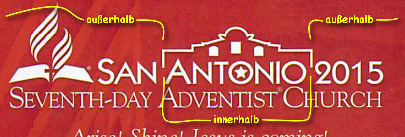 Rotes Banner mit dem wei&szlig;en Logo und Text der Siebenten-Tags-Adventisten-Kirche f&uuml;r ein Ereignis in San Antonio 2015. Das Logo beinhaltet eine Flamme, ein Kreuz und ein Buch.