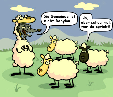 Karikatur von vier Schafen auf einer Wiese, wobei eines wie ein Wolf aussieht und spricht, w&auml;hrend die anderen drei &uuml;berrascht zuh&ouml;ren. Die Szene spielt unter einem klaren Himmel mit sanften H&uuml;geln im Hintergrund.