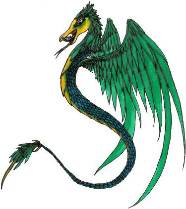 Illustration eines mythischen Drachens mit gr&uuml;nen Fl&uuml;geln und geschupptem, gewundenem K&ouml;rper, der einem Sternbild aus der Mazzaroth &auml;hnelt.