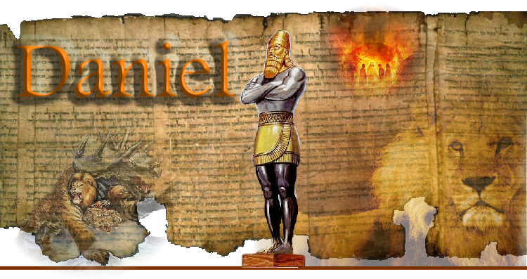Eine k&uuml;nstlerische Collage, die den biblischen Propheten Daniel symbolisiert. Sie zeigt eine Statue eines Mannes in R&uuml;stung, ein Gem&auml;lde von vier wilden Kreaturen, die aus dem Meer auftauchen, und einen kr&auml;ftigen L&ouml;wen, vor einem Hintergrund alter Schriftrollen mit hebr&auml;ischem Text und brennenden Flammen.