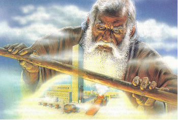 Eine Illustration eines alten Mannes mit wei&szlig;em Bart, der ein gro&szlig;es Fernrohr h&auml;lt und auf eine Darstellung einer antiken Stadt blickt, die unter einem himmlischen Himmel liegt.