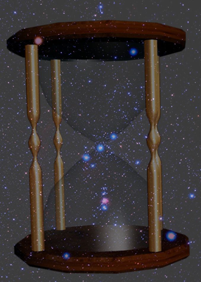Digitale Darstellung eines Sanduhrrahmens aus Holz vor einem Hintergrund, der das Universum mit glitzernden Sternen und weit entfernten Galaxien zeigt.