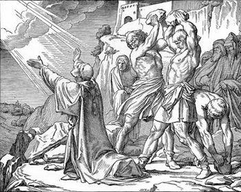 Historische Schwarz-Wei&szlig;-Zeichnung, die eine biblische Szene darstellt, in der mehrere Personen auf eine helle Erscheinung am Himmel zeigen, die von einem Propheten interpretiert wird.