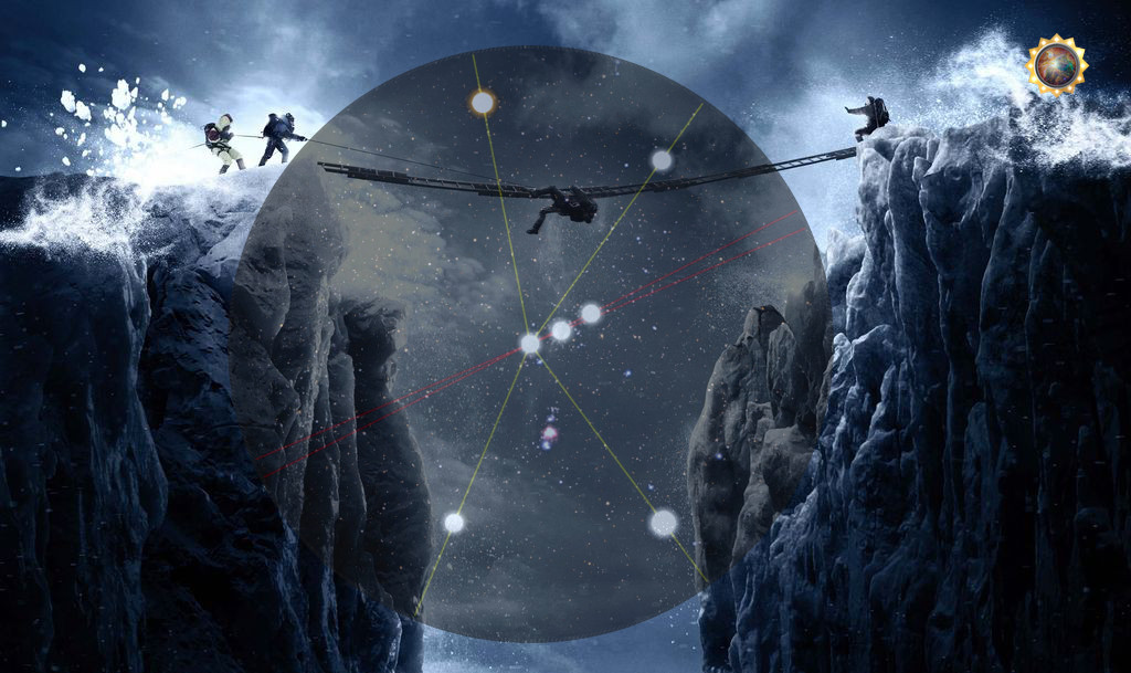 Ein surreales Bild von Bergsteigern, die &uuml;ber eine schneebedeckte Felsschlucht springen, mit einer &uuml;berlappenden transparenten Scheibe, die ein kosmisches Netzwerk von Sternen und Verbindungslinien darstellt, &auml;hnlich den von der Mazzaroth beschriebenen Himmelsmustern.