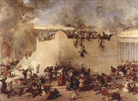 Historisches Gem&auml;lde, das die Belagerung einer antiken Stadt zeigt, mit vielen Figuren in Kampf- und Fluchthandlungen, vor einer brennenden Architekturkulisse und zerbrochenen Mauern unter einem dramatischen Himmel.