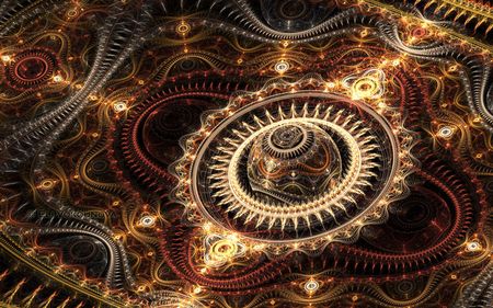 Digitales Bild einer komplexen, spiralf&ouml;rmigen Struktur, die einem Mechanismus &auml;hnelt, mit goldenen und bronzenen Farbt&ouml;nen und auff&auml;lligen Mustern, die sich um mehrere konzentrische Kreise winden.