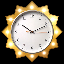 Eine Wanduhr mit wei&szlig;em Zifferblatt und schwarzen Zeigern, umrandet von einem sternf&ouml;rmigen goldenen Rahmen mit Lichtpunkten, &auml;hnlich den Sternen am Himmel.