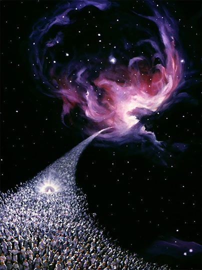 Ein Gem&auml;lde, das eine leuchtende galaktische Nebelwolke darstellt, die hell vor einem Sternenhimmel leuchtet. Ein Strahl verbindet den Nebel mit einem kleinen leuchtenden Objekt unten links, das von einer dichten Menge kleiner wei&szlig;er Punkte umgeben ist.