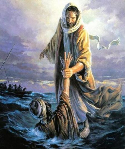 Gem&auml;lde zeigt eine Szene auf unruhigem Wasser mit einer Person, die &uuml;ber das Wasser geht und einer anderen hilft, die zu versinken scheint. Hintergrund zeigt ein kleines Boot mit weiteren Personen.
