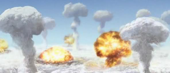 Gem&auml;lde von beeindruckenden Explosionen auf Wasser, begleitet von gro&szlig;en aufsteigenden Rauchwolken unter einem blauen Himmel.