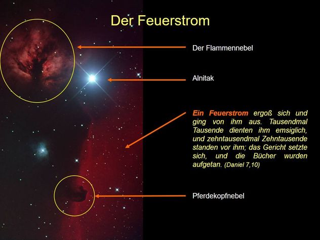 Astronomisches Bild mit dem Titel "Der Feuerstrom", das den Flammennebel und den Pferdekopfnebel in leuchtenden Rot- und Oranget&ouml;nen zeigt. Die Sterne leuchten in verschiedenen Intensit&auml;ten auf einem dunklen Hintergrund. Dazu sind Informationen und ein Bibelzitat aus Daniel 7,10 enthalten, das kosmische Gr&ouml;&szlig;e poetisch darstellt.
