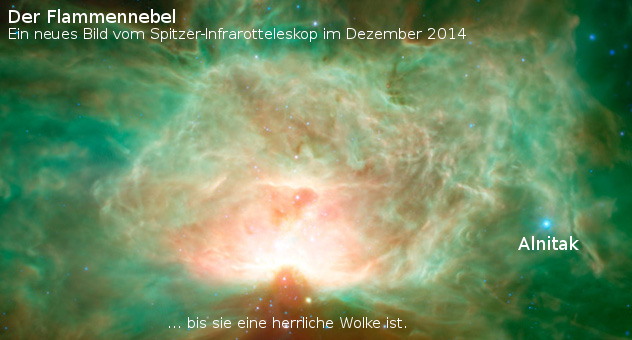 Ein farbenfrohes Teleskopbild vom Flammennebel, aufgenommen vom Spitzer-Infrarotteleskop im Dezember 2014. Dieses eindrucksvolle astronomische Bild zeigt helle, dynamische Wolkenformationen in leuchtendem Blau und Gr&uuml;n, umgeben von einem Nebel aus feinerem Staub.