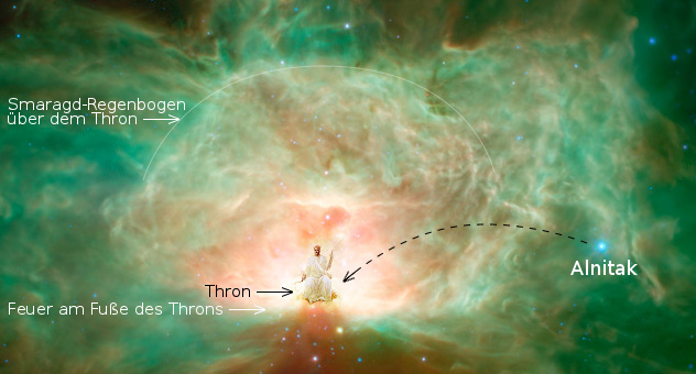 Digitale Darstellung einer kosmischen Szene mit einem zentralen Thron, umgeben von einem leuchtenden, smaragdfarbenen Nebel, der einen Regenbogen bildet. Eine Figur in wei&szlig;er Kleidung steht auf dem Thron, unter ihren F&uuml;&szlig;en eine Erscheinung, die aussieht wie flackerndes Feuer. Eine gestrichelte Linie weist von der Figur hin zu einem Stern, beschriftet als Alnitak.