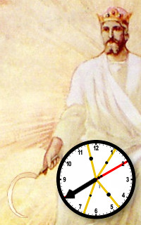 Ein gemaltes Bild zeigt einen k&ouml;niglichen Herrscher in wei&szlig;er Robe mit Krone, der eine Sichel h&auml;lt, kombiniert mit einem grafischen Element, einer Uhr, die die Zeit anzeigt.