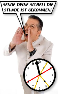 Ein Mann in wei&szlig;er Kleidung ruft laut und zeigt auf eine stilisierte Uhr, die neonfarbene Zeiger und ein un&uuml;bliches Ziffernblatt mit drei Trennlinien aufweist, die in eine Anordnung &auml;hnlich den Himmelsrichtungen ausgerichtet sind.