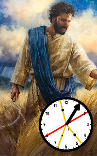 Ein Gem&auml;lde von einem b&auml;rtigen Mann in historischer Kleidung, der durch ein goldenes Getreidefeld geht, kombiniert mit einer gro&szlig;en Uhr, die in den unteren Teil des Bildes &uuml;berlagert ist. Die Uhr zeigt verschiedene farbige Zeiger auf einem cremefarbenen Zifferblatt.