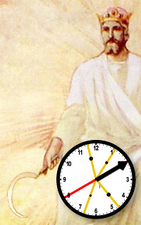 Eine Abbildung zeigt einen gekr&ouml;nten Mann in wei&szlig;en Gew&auml;ndern, der in der rechten Hand einen Zepter und in der linken eine Uhr h&auml;lt. Der Hintergrund ist blass und lichtdurchflutet.