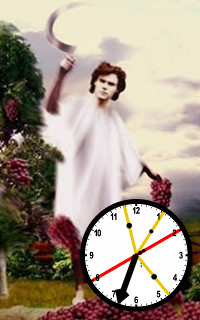 Eine allegorische Darstellung mit einer Frau in einem wei&szlig;en Gewand, die eine Sichel h&auml;lt, vor einem Hintergrund mit Gewitterwolken und einem bl&uuml;henden Garten. Im Vordergrund ist eine runde Uhr mit markierten Ziffern und farbigen Zeigern sichtbar.