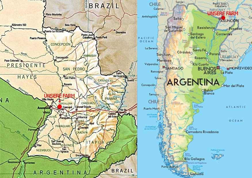 Detaillierte Karten von Teilen S&uuml;damerikas, mit Schwerpunkt auf Paraguay und Argentinien. Die Karte zeigt St&auml;dte, Fl&uuml;sse und topografische Merkmale. Zwei rote Markierungen mit der Beschriftung "Unsere Farm" befinden sich in Paraguay und im Nordosten Argentiniens.