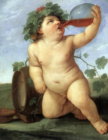 Ein Gem&auml;lde eines nackten Kleinkindes, das eine Flasche Wein trinkt und einen Kranz aus Weinbl&auml;ttern tr&auml;gt, sitzend neben einer umgekippten Weintonne. Das Bild vermittelt ein festliches Thema, was an historische Darstellungen von F&uuml;lle und Feier erinnert.