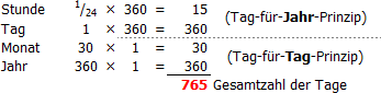 Ein Bild zeigt eine mathematische Berechnungstabelle zur Ermittlung der Gesamtzahl der Tage in einem Jahr, basierend auf verschiedenen Zeitma&szlig;en. Es enth&auml;lt Berechnungen zu Stunden, Tagen, Monaten und Jahren jeweils multipliziert mit Zahlen, um eine kumulative Summe von 765 Tagen zu erreichen.