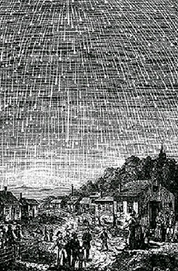Historische Darstellung einer Menschenmenge in einer Stadtstra&szlig;e bei Nacht, die den Sternenhimmel betrachtet. &Uuml;ber ihnen breitet sich ein dichter, mit Sternbildern bedeckter Himmel aus, der an die Mazzaroth erinnert, ohne astrologische Begriffe zu verwenden.
