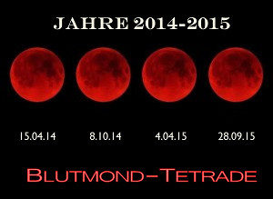 Vier Bilder von totalen Mondfinsternissen, die als rote Monde erscheinen, dargestellt in einer Reihe. &Uuml;ber den Bildern stehen die Daten der Ereignisse "15.04.14, 8.10.14, 4.04.15, 28.09.15". Unter den Bildern steht "Blutmond-Tetrade f&uuml;r die Jahre 2014-2015".