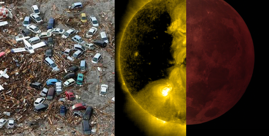 Ein Triptychon zeigt links einen Schrottplatz mit zerst&ouml;rten und gestapelten Autos, in der Mitte die leuchtende Oberfl&auml;che der Sonne mit sichtbaren Sonneneruptionen und rechts ein astronomisches Bild des Mondes in einer tiefroten F&auml;rbung.