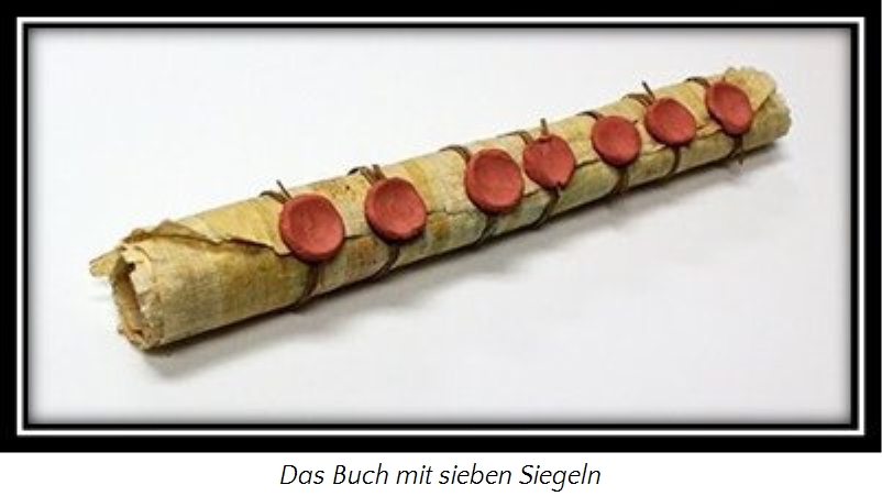 Eine historische Schriftrolle, versiegelt mit sieben roten Wachssiegeln, angeordnet in einer Reihe auf der pergamentartigen Rolle. Der Hintergrund ist wei&szlig; und betont die Textur und Farbe der Siegel und des Papiers.