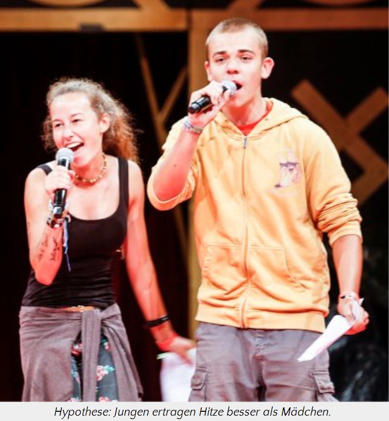 Zwei junge Menschen, eine Frau und ein Mann, singen enthusiastisch ins Mikrofon auf einer B&uuml;hnenveranstaltung. Der Mann tr&auml;gt ein gelbes Kapuzenoberteil und die Frau ein schwarzes Top. Beide zeigen Freude und Engagement bei ihrer Performance.