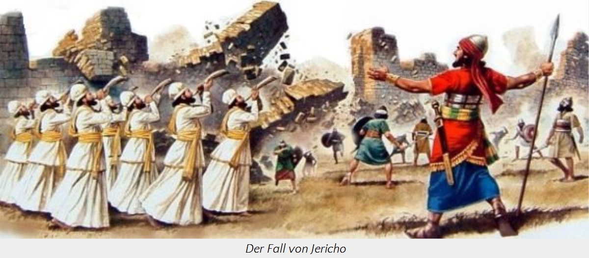 Historische Darstellung des Falls von Jericho, zeigt eine Gruppe von Bl&auml;sern in wei&szlig;en Gew&auml;ndern, die H&ouml;rner blasen, und dunklere Mauern, die einst&uuml;rzen, w&auml;hrend bewaffnete Krieger im Vordergrund voranschreiten und ein f&uuml;hrender Krieger in lebhaften rot-blauen Gew&auml;ndern ein Zeichen gibt.