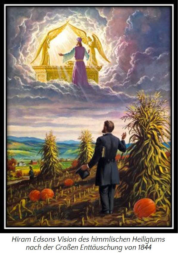 Ein Gem&auml;lde zeigt einen Mann im viktorianischen Anzug, der in einem Kornfeld steht und zu einer vision&auml;ren Darstellung eines himmlischen Tempels mit einem Engel auf Wolken aufblickt. Dieses Bild stellt eine religi&ouml;se Vision aus dem 19. Jahrhundert dar, charakteristisch mit dramatischen Wolken und einem weitl&auml;ufigen Landschaftshintergrund.